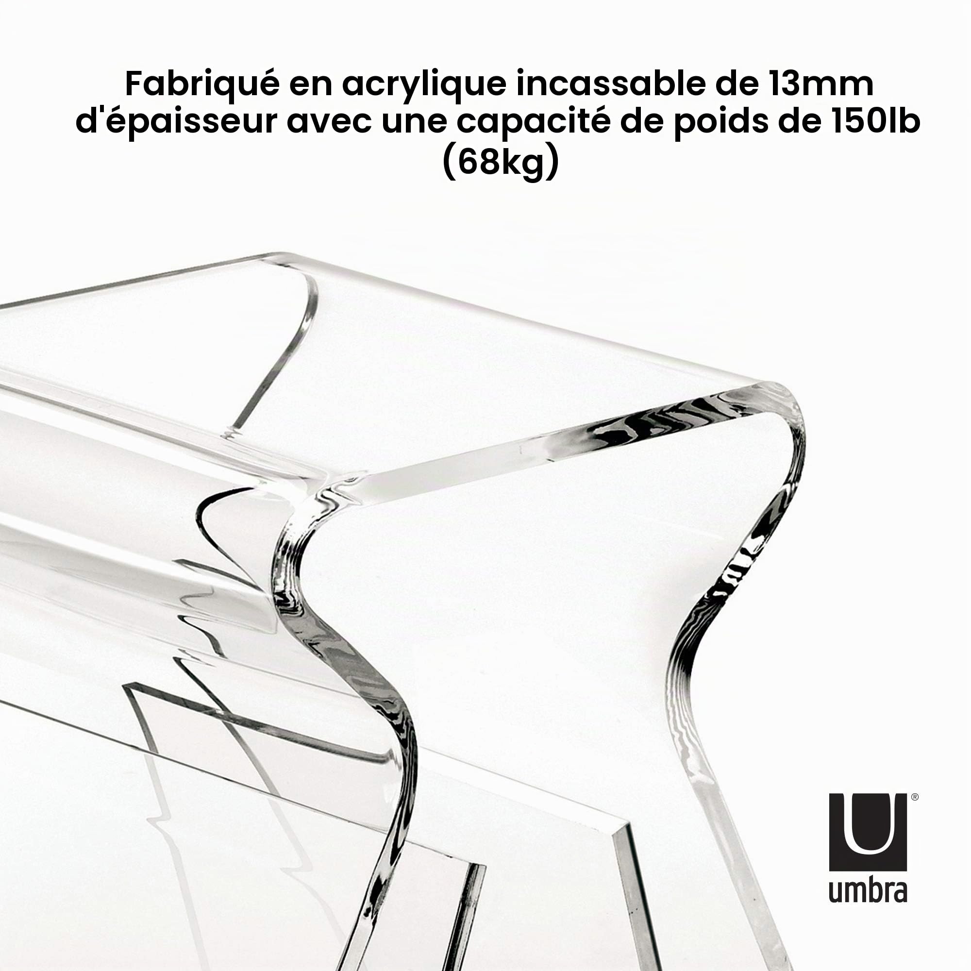 UMBRA Magino stool. Petite table d'appoint ou chevet Magino, avec range-magazines sur les 2 pieds. En Acrylique transparant. Dimension 42x29x43cm.