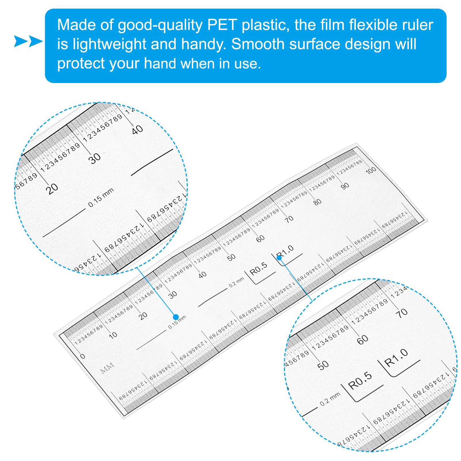 PATIKIL Film Flexible Ruler 10cm 0.1mm Scale with R Angle and Width Lines Clear PET Plastic Folding Straight Ruler for Factory Transparent - Image 3
