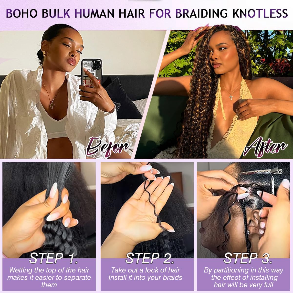 Human Braiding Hair for Boho Braids 18 Inch 110g Deep Wave Bulk Human Hair for Braiding Knotless 12A Curly Wet and Wavy Boho Bohemian Braids No Weft 3 Bundles 4/27 Color (18 Inch-110g)