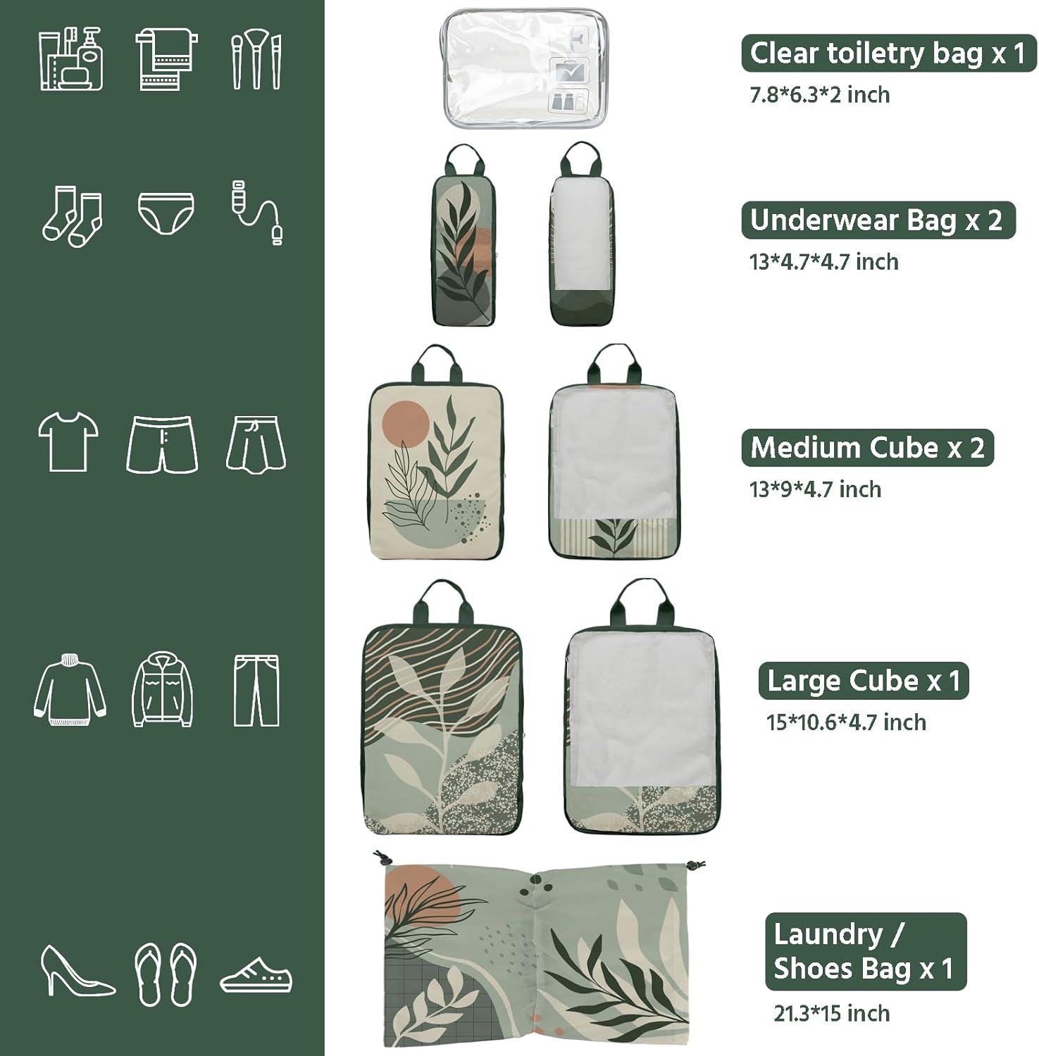 7 Pcs Compression Packing Cubes for Travel, Waterproof Suitcase Luggage Backpack Organizer with Toiletry Bag Travel Essentials for Women/Men-Green Bohemia