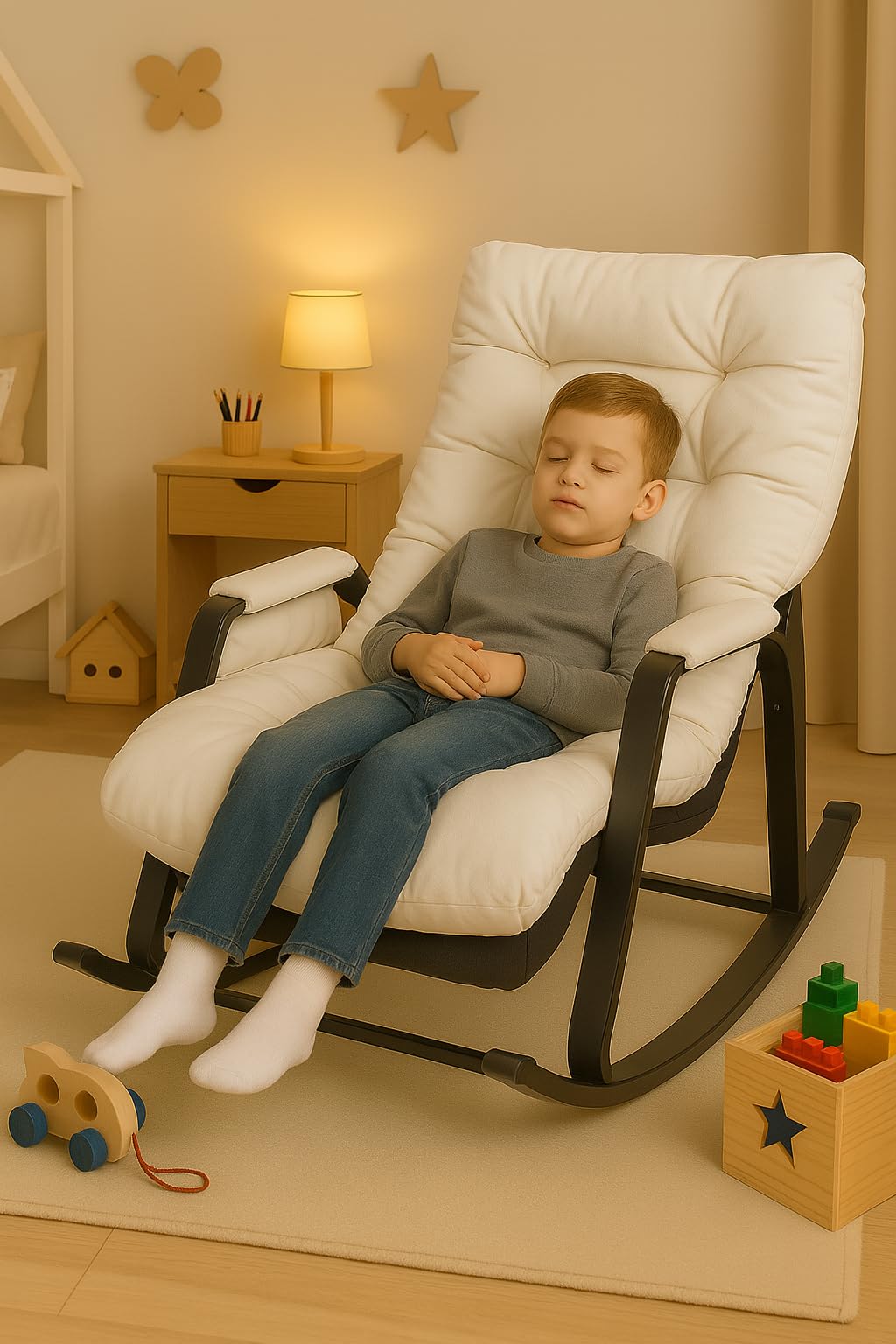 Chaise à bascule pour enfants 3 ans+ avec accoudoirs et poche latérale, structure en acier, repose-pieds réglable à 5 hauteurs, portée 250 kg, salon chambre à coucher blanc