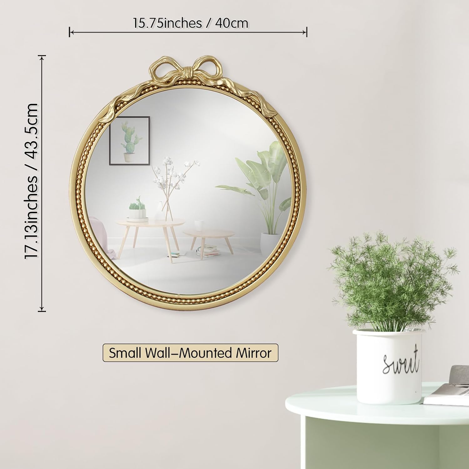 15.75" Small Gold Bow Decorative Round Mirror,Metal Frame Hanging Circle Mirror, Wall Mounted for Entryway, Bathroom, Interior/Room Decoration, Living Room(Mini Size)