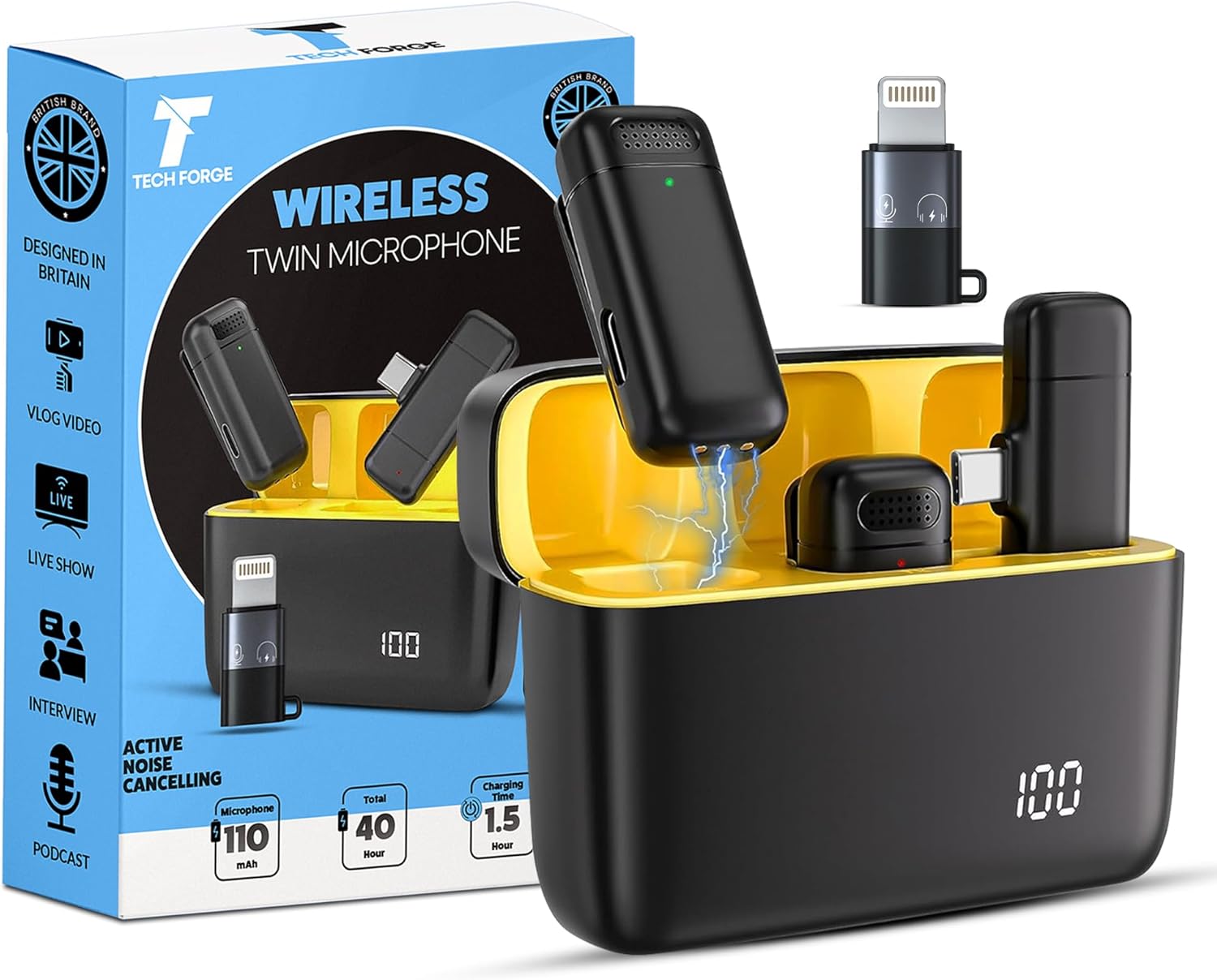 Tech Forge 2 x Wireless Microphones For Iphone, Android, Ipad With Charging Case | Wireless Mic With Noise Redcution & Crystal Clear Sound | Clip on Microphone Perfect For Vlogging, Youtube, Tik Tok