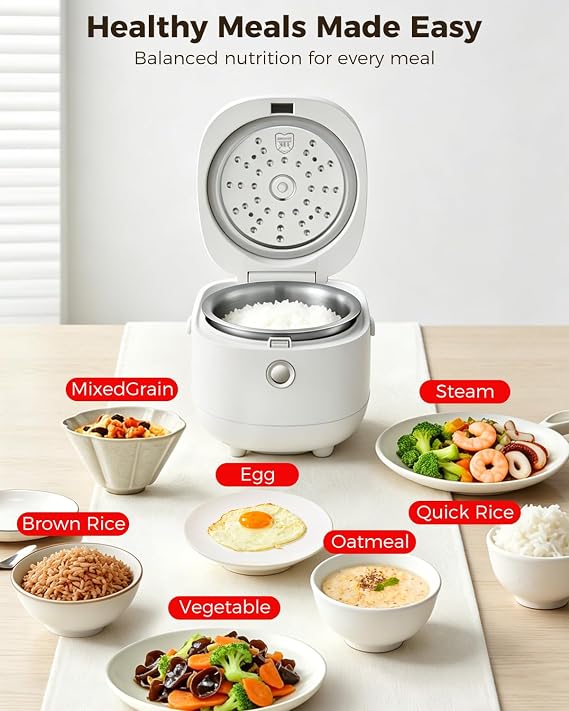 Novaspark Stainless Steel Rice Cooker Small 5 Cup (Uncooked) / 10-Cup (Cooked) with Stainless Steel Inner Pot, Compact Mini Rice Cooker Small Kitchen, Low Carb Rice Maker, 24H Timer and Auto Keep Warm