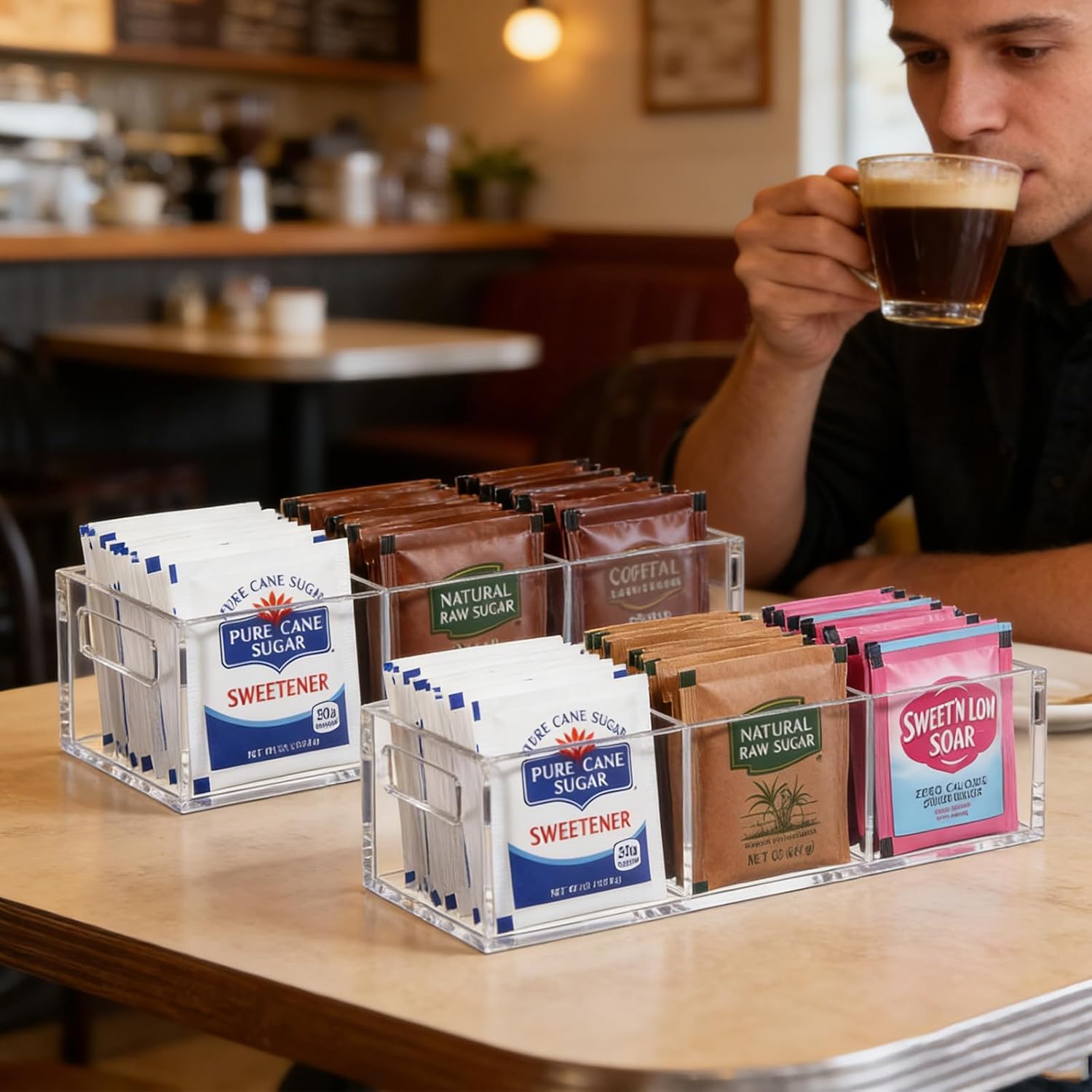 2Pcak Sugar Packet Holder,3 Compartment Tea Bag Organizer with Handles, Plastic Small Sugar Caddy Dispenser for Coffee Bar,Drink Packet &Condiments Organizer(Clear)