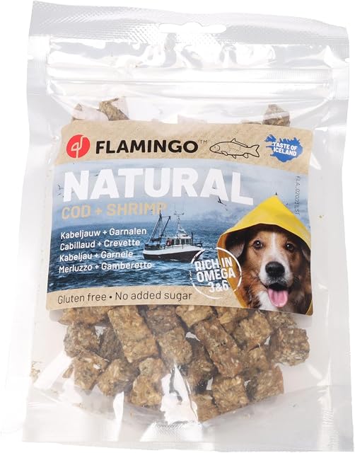 Foto 3 de 4 de Snacks para Perros - Dados de Bacalao y gambas - 75 g - Ricos en proteínas y Omega 3 - Flamingo