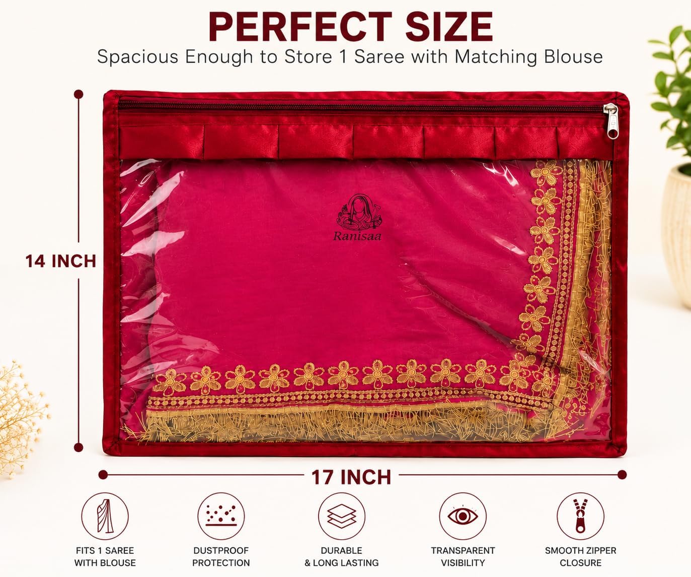 Saree Storage Bags, Pack of 3, 14 x 17 Inch Quilted Satin Saree Organizer with Transparent Window, Zipper Closure, Dustproof Closet Storage for Silk, Cotton & Designer Sarees
