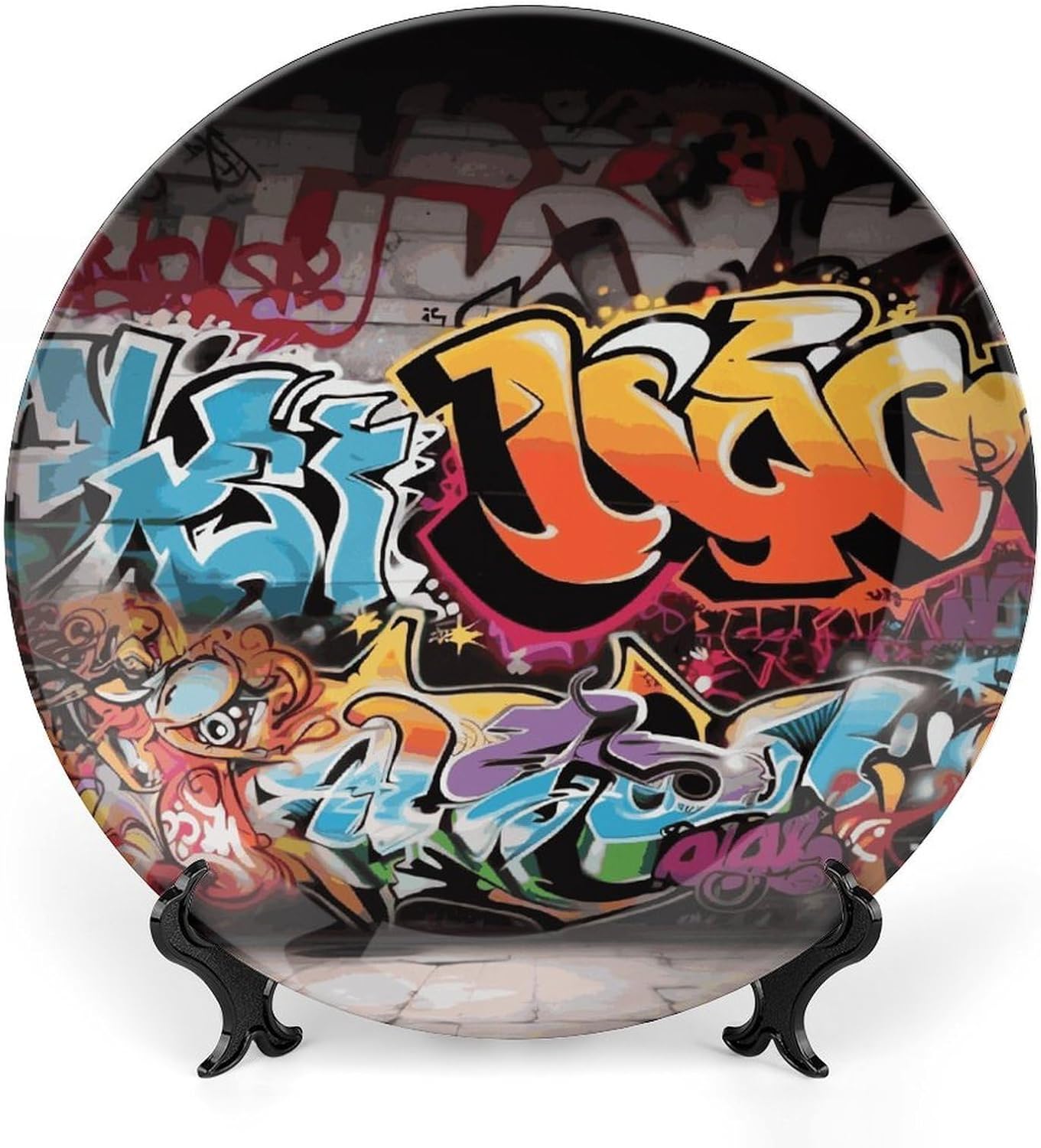 Graffiti Hip Hop Decorative Ceramic Plate Personalized Bone China Decorative Plate Round Porcelain Plates with Display Stand Cabinet Display Plates for Home Decor 10inch