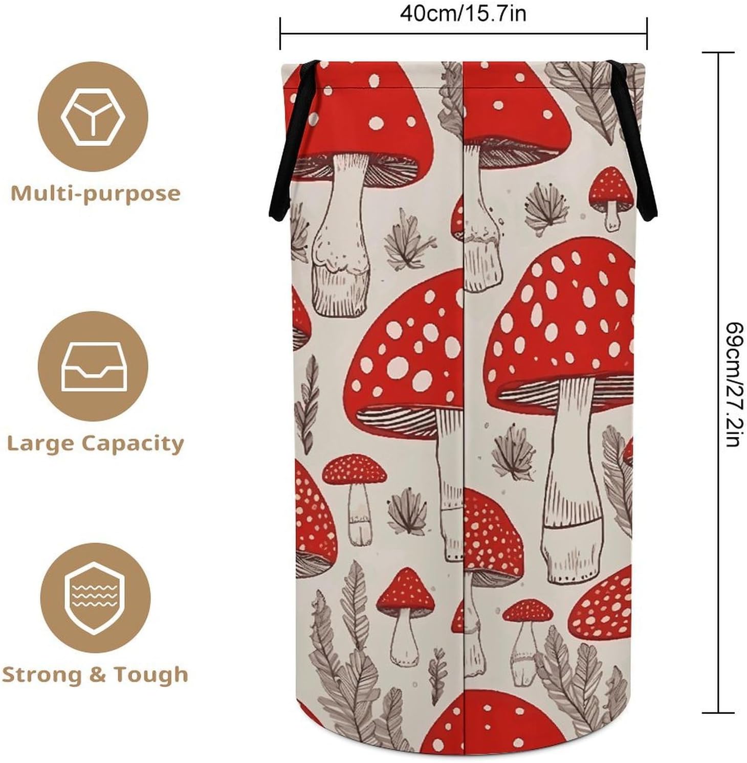 Red White Mushroom Laundry Basket 86L Laundry Hamper | Collapsible Clothes Hamper with Reinforced Handles Waterproof Tall Foldable Dirty Clothes Basket for Hotel, Home, Closet