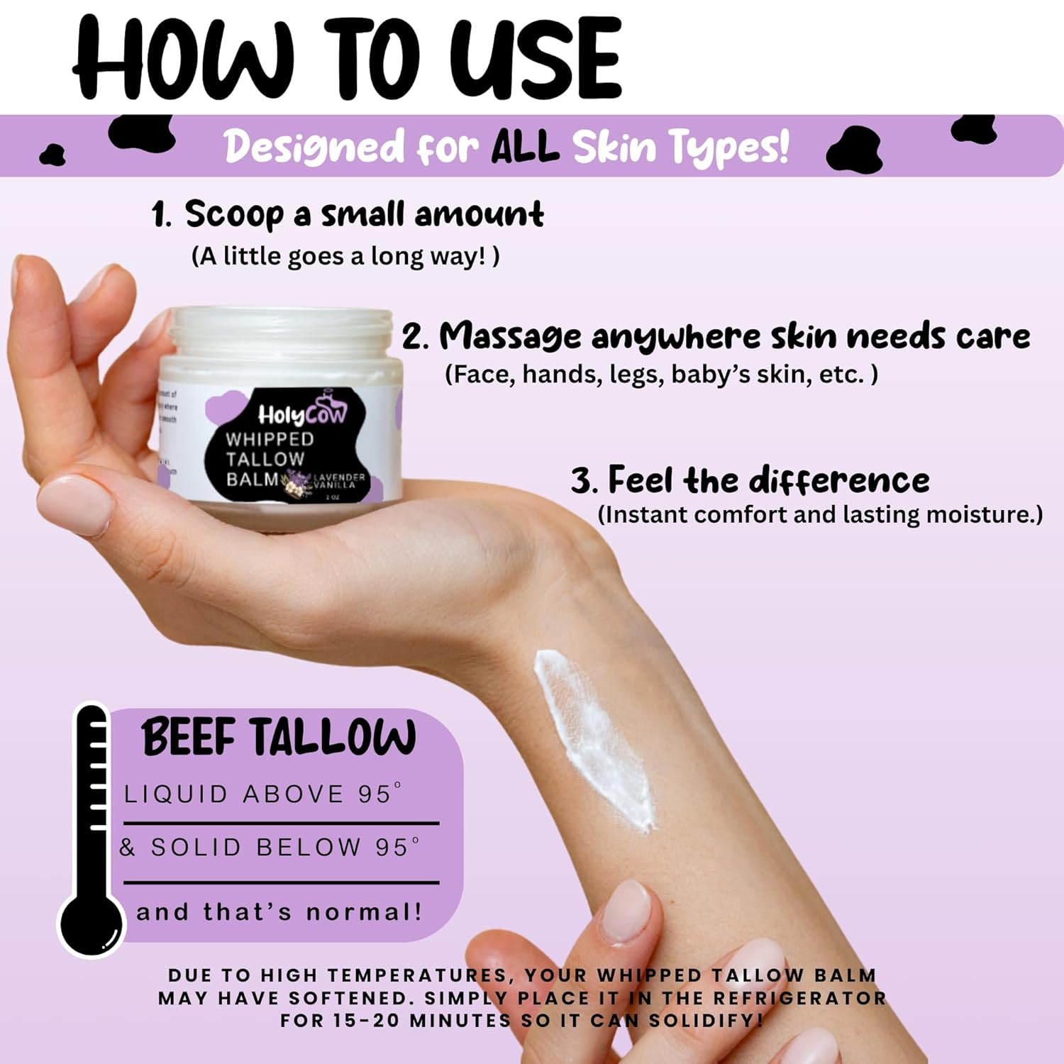 HolyCow Beef Tallow For Skin - Whipped Tallow Balm with Organic Jojoba Oil, Grass Fed Beef Tallow Face Moisturizer for Eczema, Baby, Lip Balm - Lotion For Extremely Dry Skin (Lavender Vanilla) - Image 4