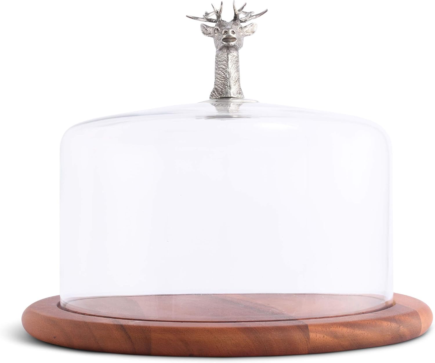 Vagabond House Wood Cheese/Display Board with Glass Dome Cover with Solid Pewter Elk Bust Knob Handcrafted Design - Board Hand Blown Glass 13 inch Diameter x 9.5 inch Tall