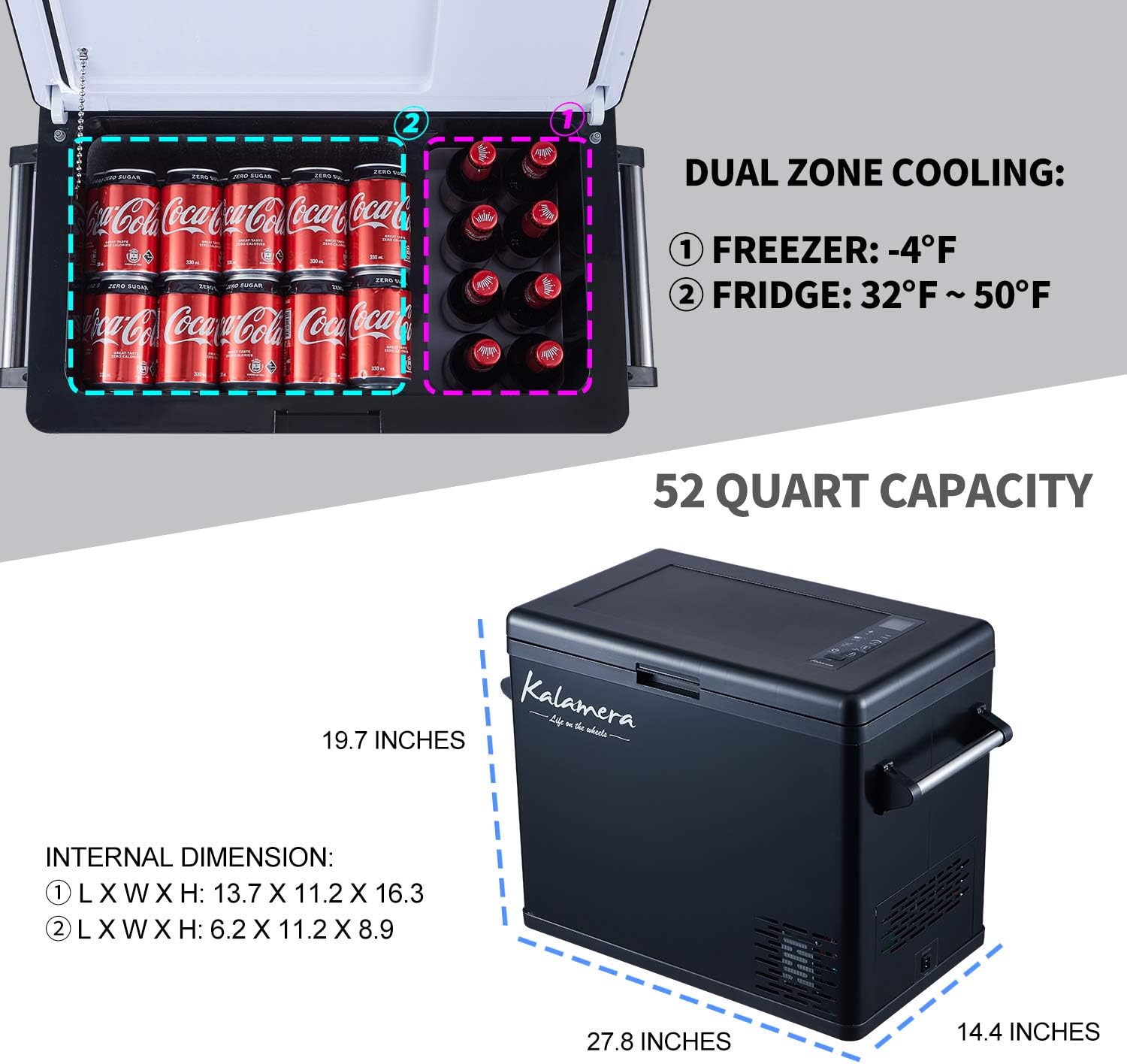 Kalamera Portable Refrigerator for Car, 52 Quarts Car Cooler for Camping | -4°F to 50°F Compressor Based Electric 12V Fridge for Vehicles and Trucks | AC and DC Travel Freezer for RV : Automotive