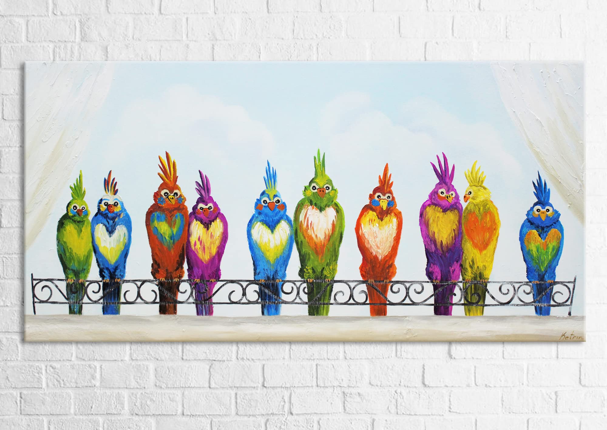 YS-Art Acrylbilder auf Leinwand handgemalt lustige Vögel moderne Bilder 120x60 cm Wohndekor