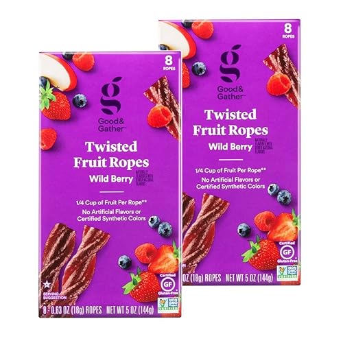 Good and Gather Twisted Fruit Ropes Wild Berry Flavor Snack - 16 count - Gluten free, Non-GMO, No Artificial flavors and Certified Synthetic Colors - Pack of 2 Boxes (8 ropes each)