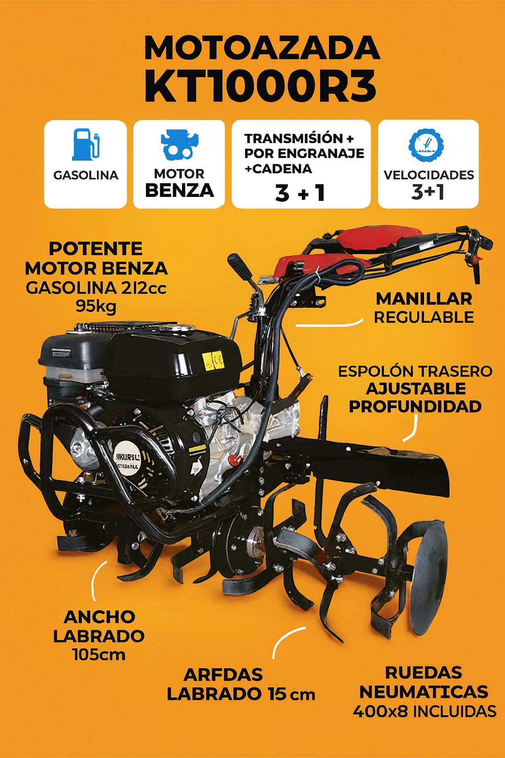 Kuril KT1000R3 Motoazada Gasolina Profesional 212 CC – Ancho 105 cm, Motor Benza 7 HP, Transmisión por Engranaje, 3+1 Velocidades, Manillar Ajustable, Ruedas 400×8 Incluidas