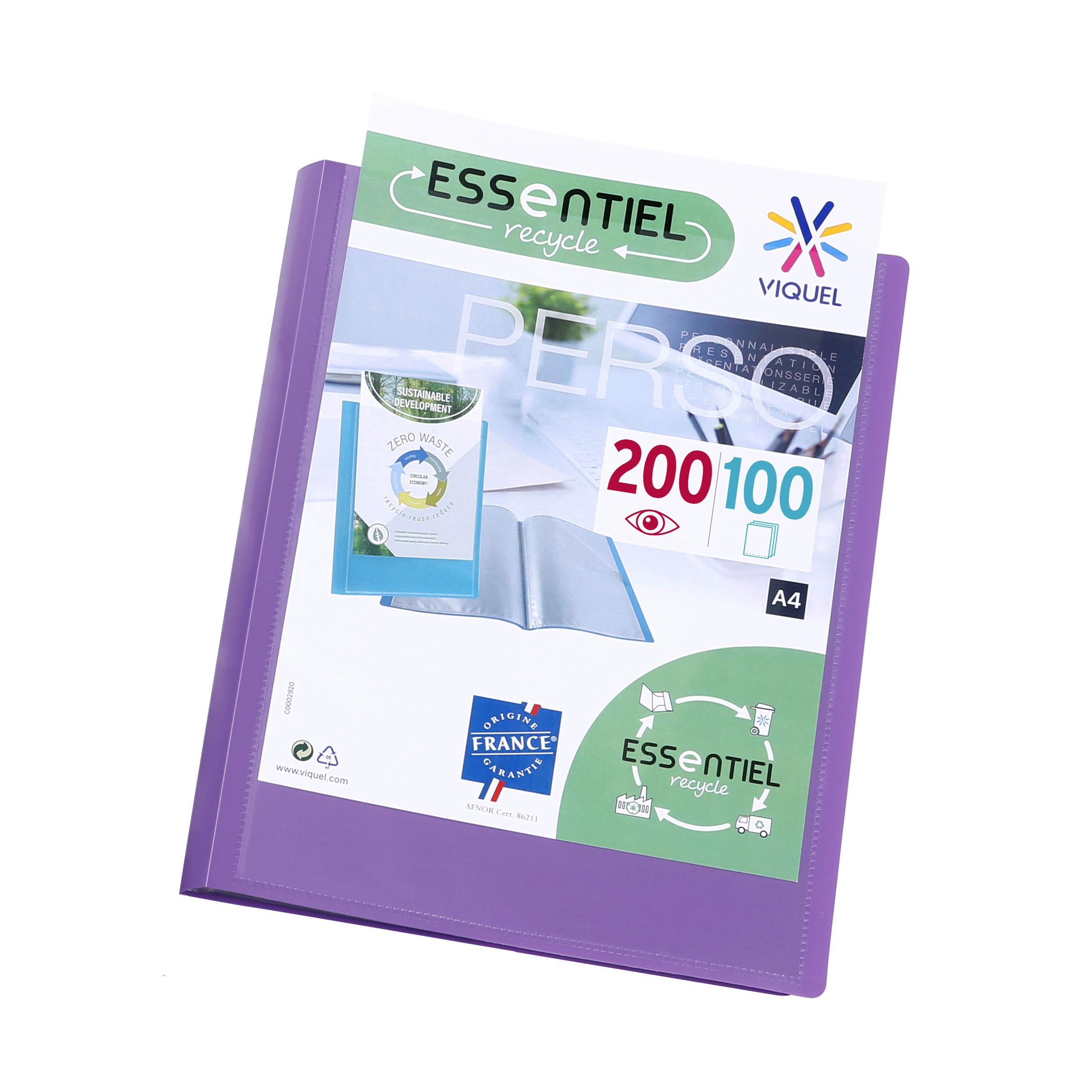 Viquel - A4 Presentation Folder 200 Views Essentiel - Customisable Document Holder - Made in France - 100 Smooth Quality Pockets - Purple