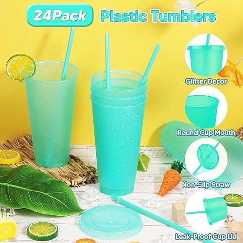 Vista 26 de Paquete de 24 vasos de plástico con tapas y popote, vasos reutilizables con tapas y pajillas, vasos coloridos para bebidas frías, café helado, vasos