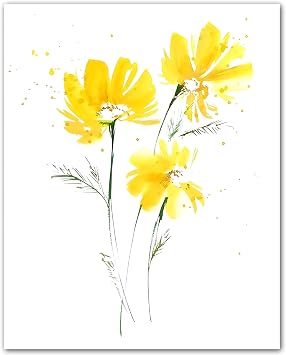 ZUKIY Yellow Daisy Pair - 8x10 Unframed Yellow Daisy Wall Art Print - Watercolor Botanical Floral Wall Art for Bedroom Bathroom Hallway Office or Guest Room - Cheerful Botanical Decor Poster
