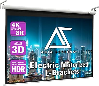 Akia Screens 104 inch Motorized Projector Screen Drop Down 43 Remote Controlled, Ceiling Mount or Wall Mount Retractable Projection Screen with 10 inch Bracket White, AK-MOTORIZE104VW and AK-ZLB10W