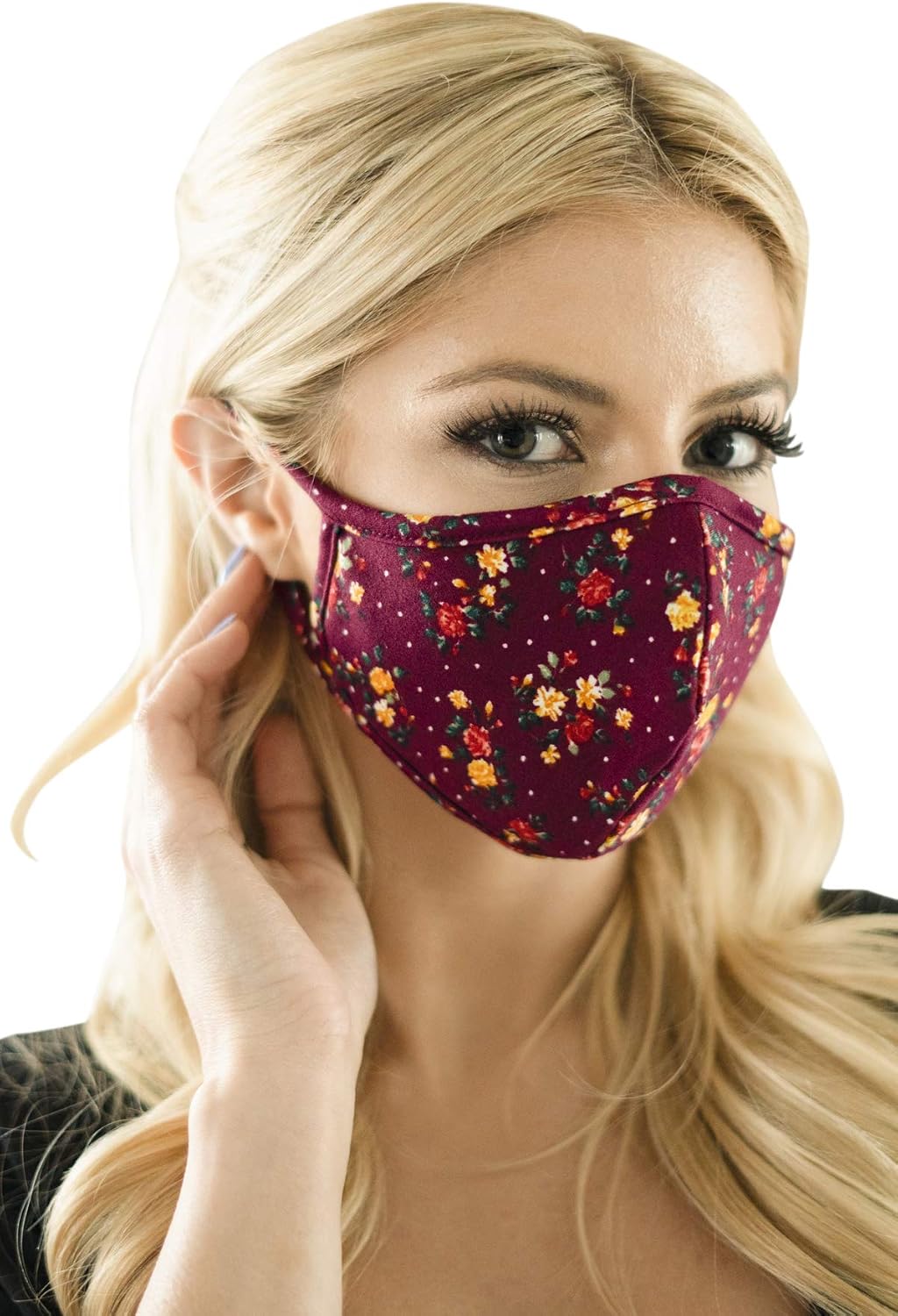 Fabric Face Cover - Fashion Outdoor Anti-Dust Protection Comfy Breathable Mouth Muffle Shield Women & Unisex (Pointy/Ear Loop Tiny Floral Burgundy)