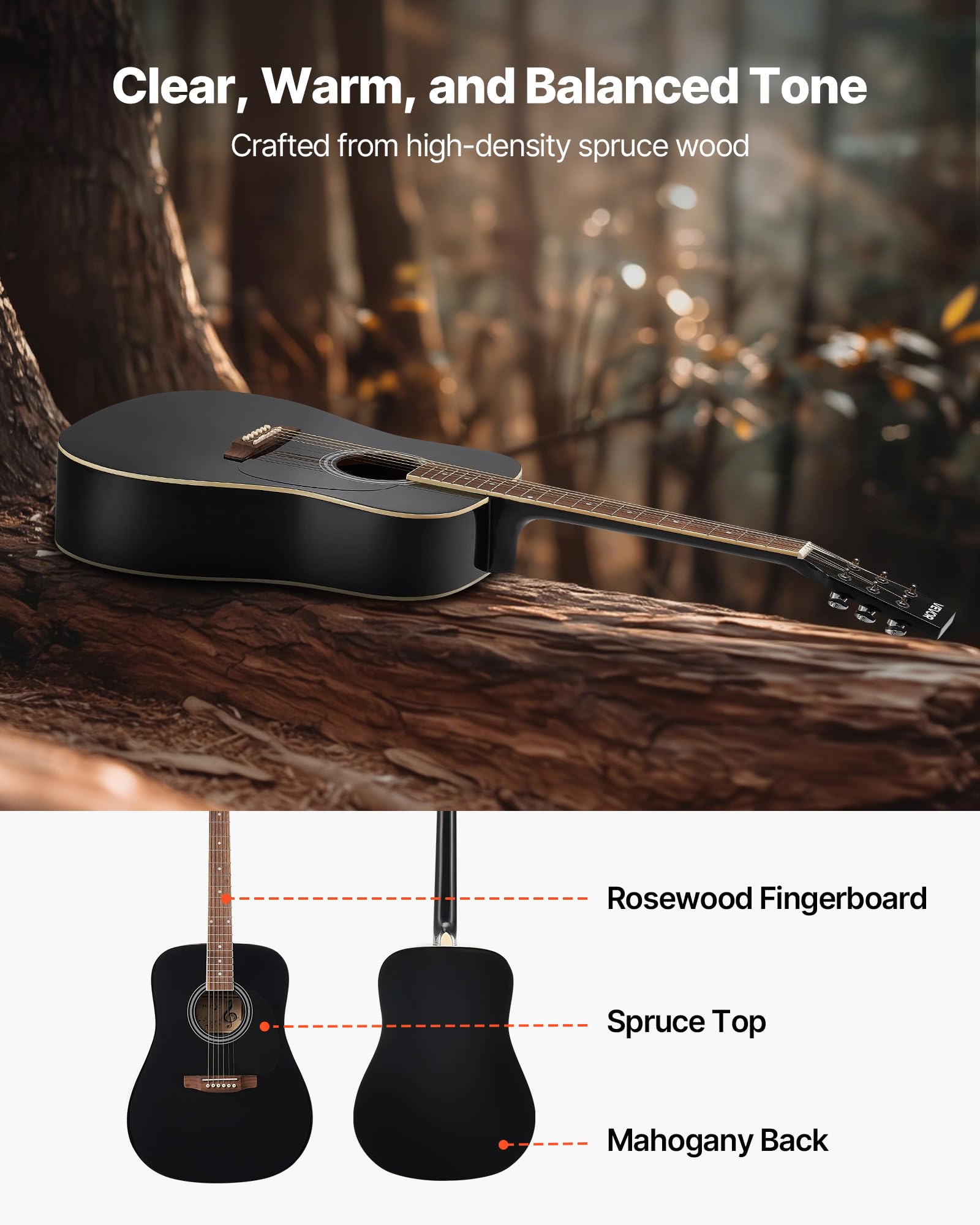 VEVOR Chitarra Acustica Dreadnought da 1041,4 mm Chitarra Acustica a 6 Corde con Tavola Armonica in Abete Massello Nero, Custodia Morbida, Accordatore, Tracolla, Corde in Acciaio, Plettri, Capotasto