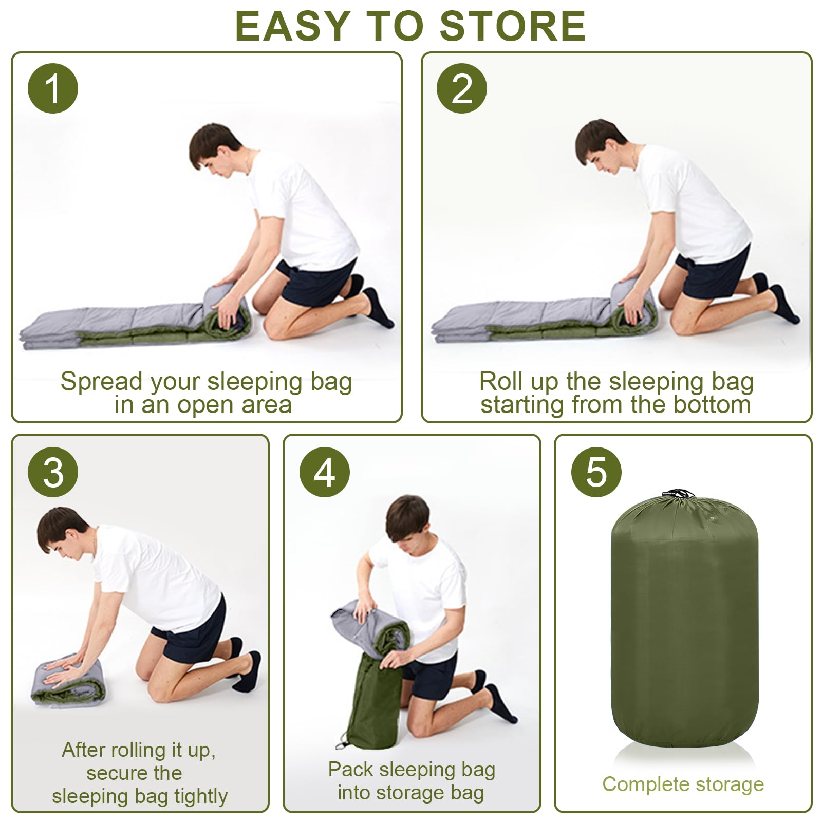 AQXONG Saco de Dormir Verde, 220x85cm Saco de Dormir de 3 Estaciones, Impermeable con Bolsa de Compresión Portátil para Camping, Senderismo, Actividades al Aire Libre