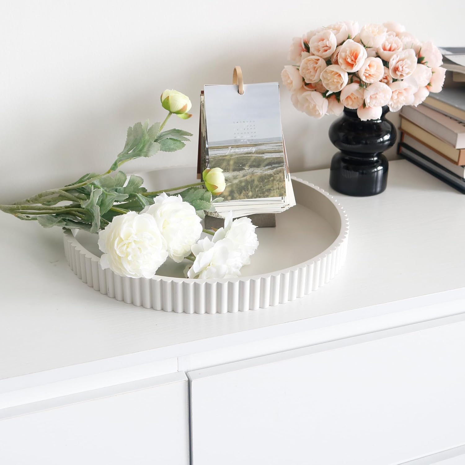 Round Decorative Tray for Coffee Table Decor, 11.8in Cream White Decorative Serving Tray for Kitchen Counter,bandejas decorativas, Wooden Serving Tray for Party