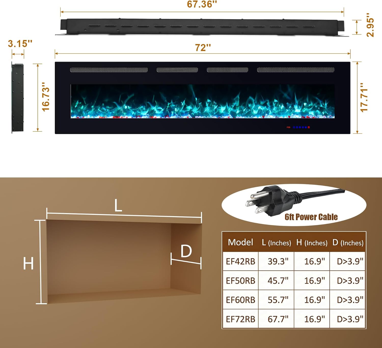 72 Inch Ultra Thin Electric Fireplace Heater, Recessed & Wall Mounted Electric Fireplace Insert with Thermostat, 13 Flame Colors, Remote Control, 750/1500W for Living Room Bedroom