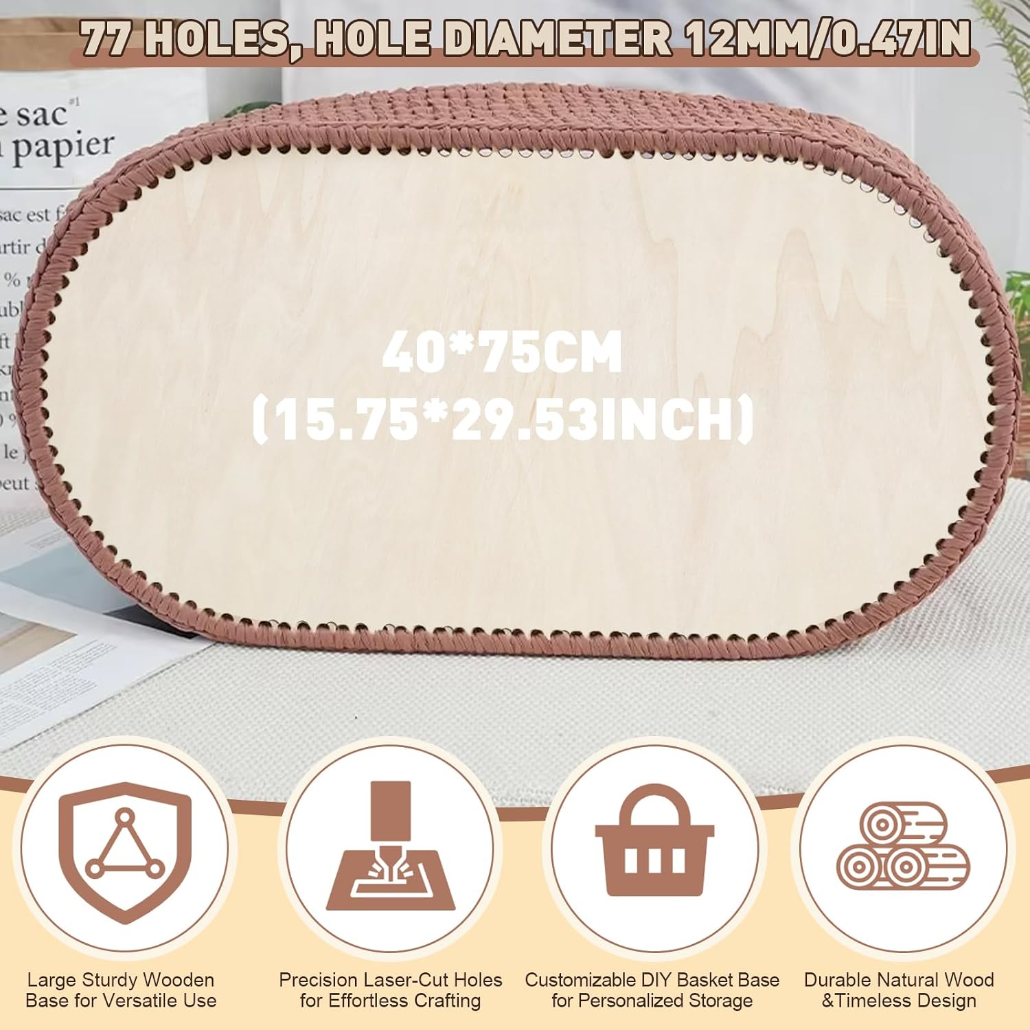 29.5” x 15.7” Wooden Basket Base with 12mm Holes for Crochet, HSSZXFR Oval Shape Large Moses Basket Crochet Bottom, for DIY Crochet Knitting Weaving Crafts Home Decoration