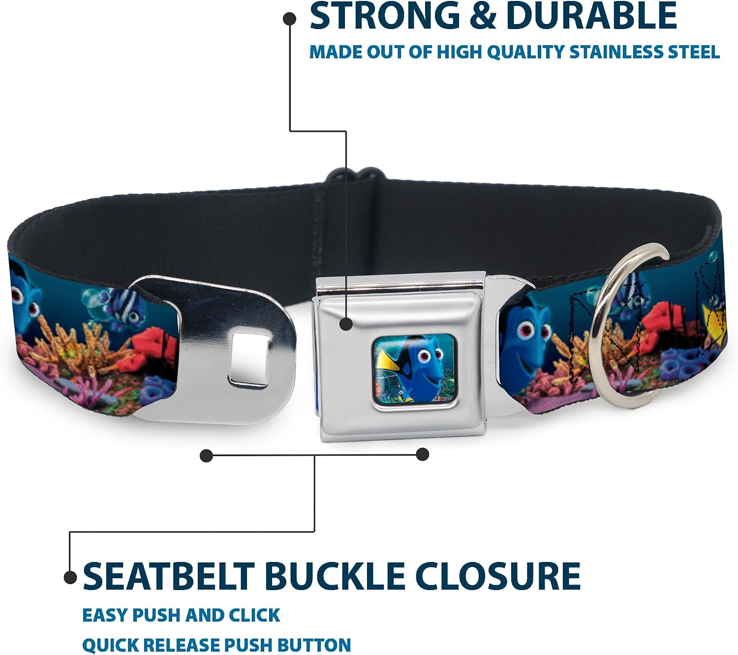 Dog Collar Seatbelt Buckle Dory Poses Friends Under the Sea 16 to 23 Inches 1.5 Inch Wide