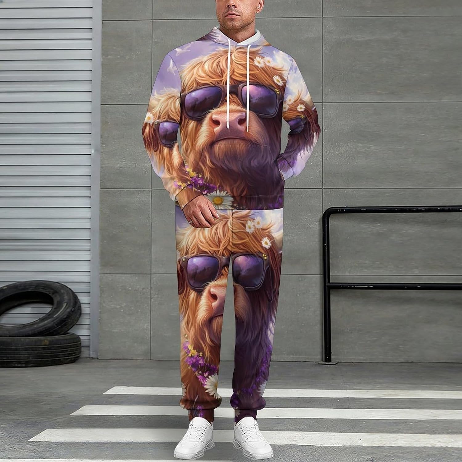 Highland Cow Daisy Flower Adult 2 Piece Tracksuits Hoodie Sweatshirt And Joggers Sweatpants Sweat Suit Outfits