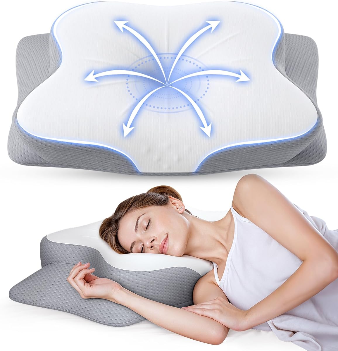 LBRAMS Cervical Pillow for Neck Pain Relief - Ergonomic Memory Foam Pillow with Cooling Case Orthopedic Support Side Sleeper Pillow for Pain Relief Support for Side Back Stomach Sleepers