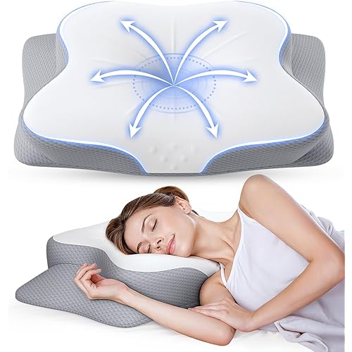 Cervical Pillow for Neck Pain Relief - Ergonomic Memory Foam Pillow with Cooling Case Orthopedic Support Side Sleeper Pillow for Pain Relief Support for Side Back Stomach Sleepers