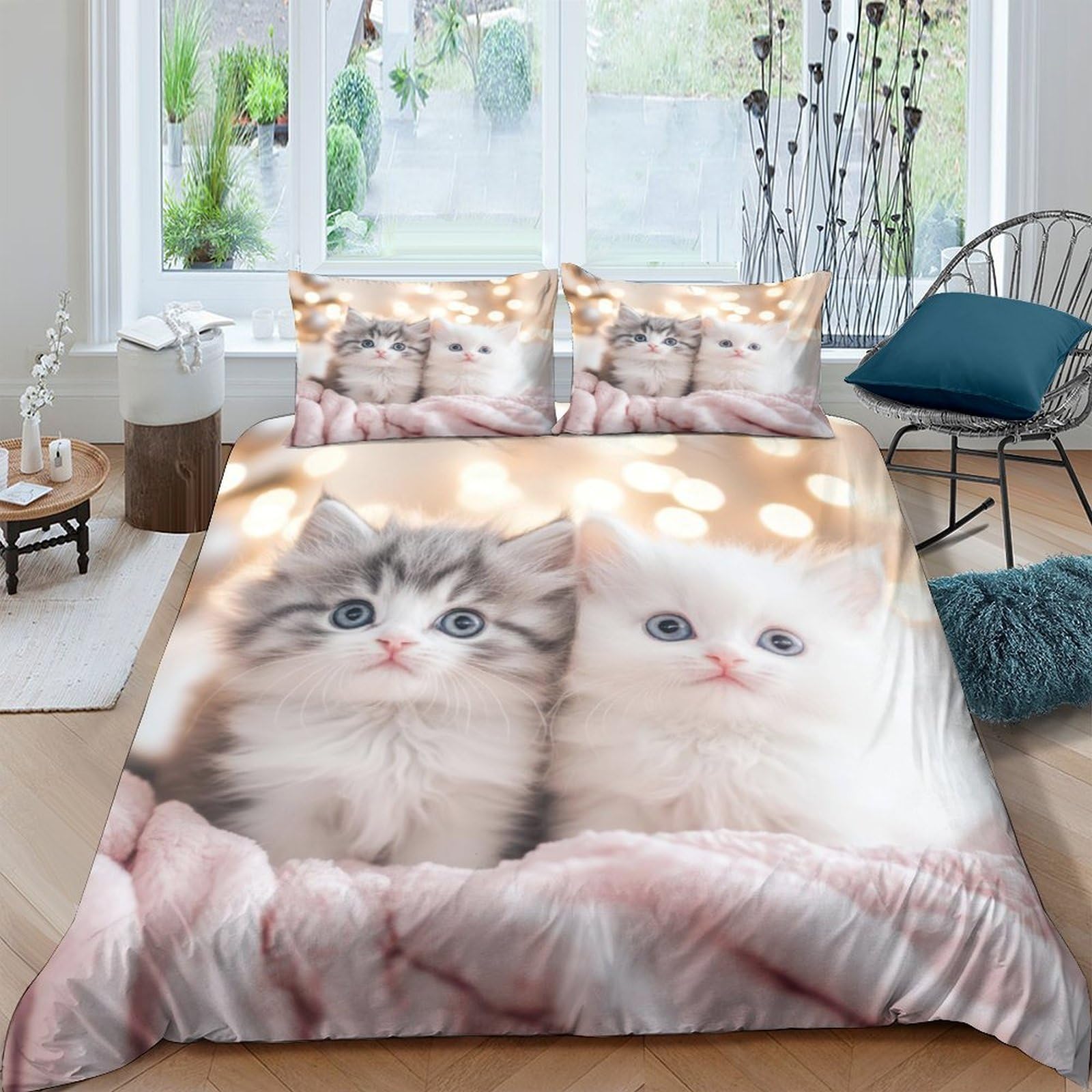 TUFRTGYHN 3D Printed Cute Cat Duvet Cover Set Microfiber Soft Breathable Kitten Bedding Set with 2 Pillowcases for Bedroom Decor Single（135x200cm）