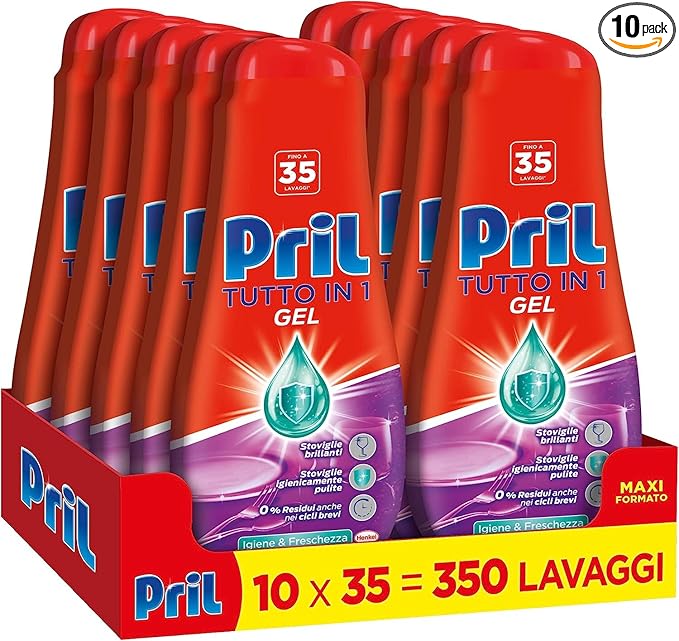 Pril Gel All in One Igiene, Detersivo Lavastoviglie Liquido con Bicarbonato, Multi-Azione Sporco Difficile, confezione risparmio 10 flaconi da 35 Lavaggi (350 lavaggi)