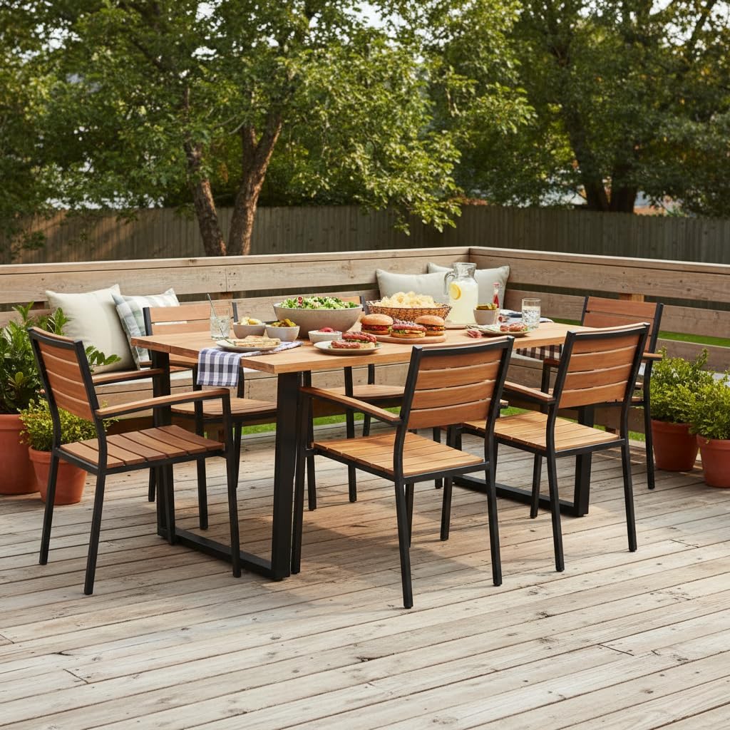 Tangkula 69-Inch Acacia Wood Patio Dining Table for 6, Rectangle Outdoor Table with 2" Umbrella Hole & Metal Legs, 6-Person Indoor Outdoor Table for Dining Room, Backyard, Garden, Lawn, Yard