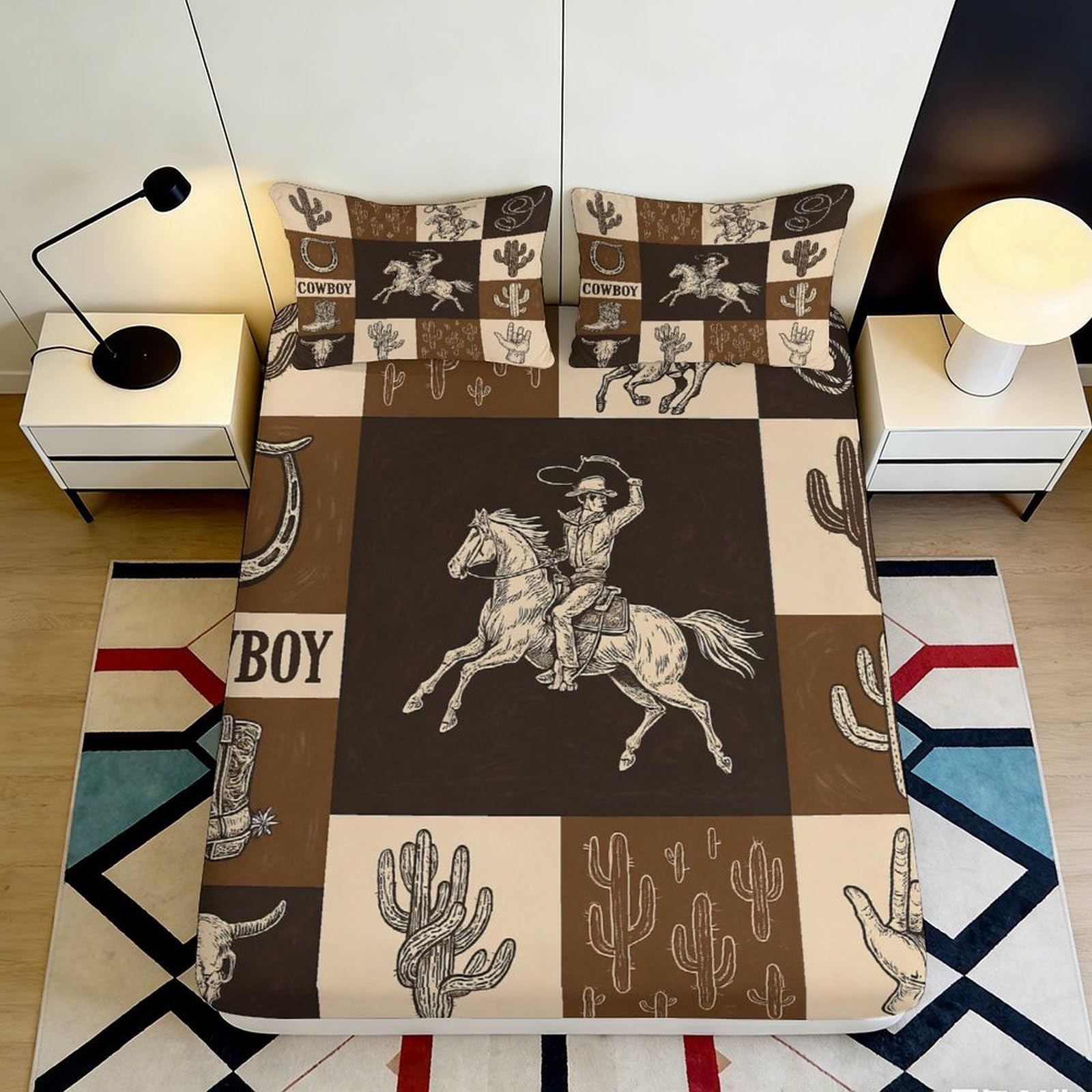 3D Printed Cowboy Horse Fitted Sheet Microfiber Brown Western Cactus Bed Cover for Bedroom Guest Room Dorm Easy Care 90x200x25cm