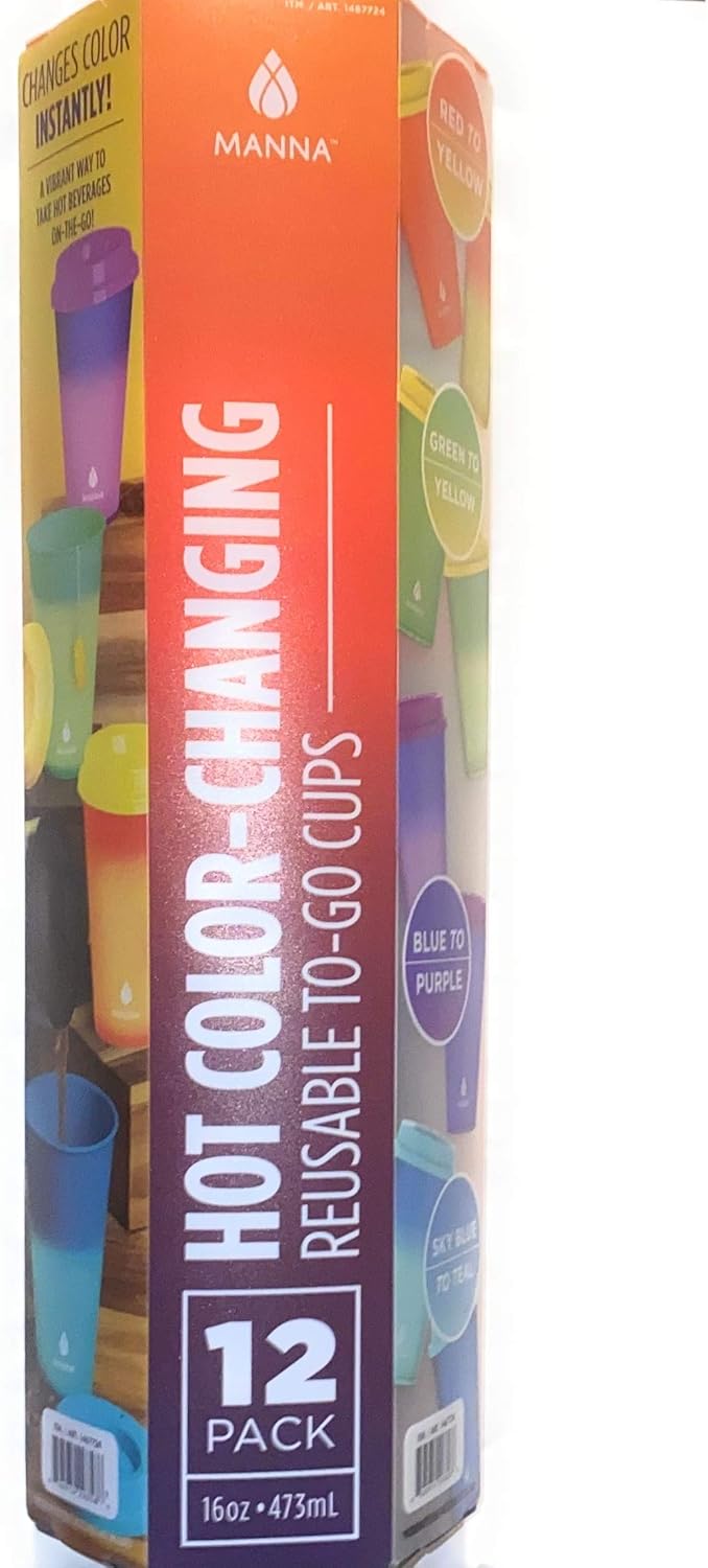 Manna 16oz Color Changing Reusable Cup Set for Hot Liquids - 12-Piece - Red, Green, Blue, Sky Blue