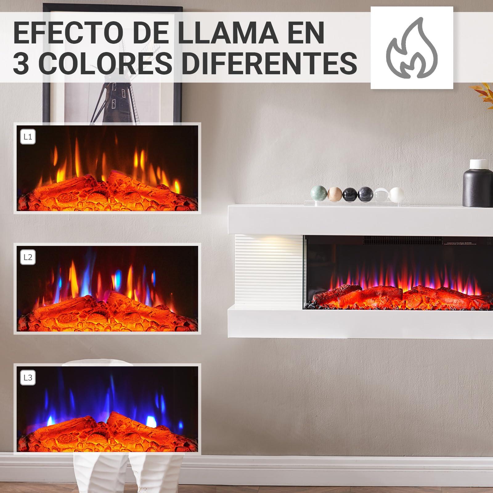 BALDERIA Lumina Chimenea Eléctrica de Pared Blanca con Llama LED 3D y Calefactor