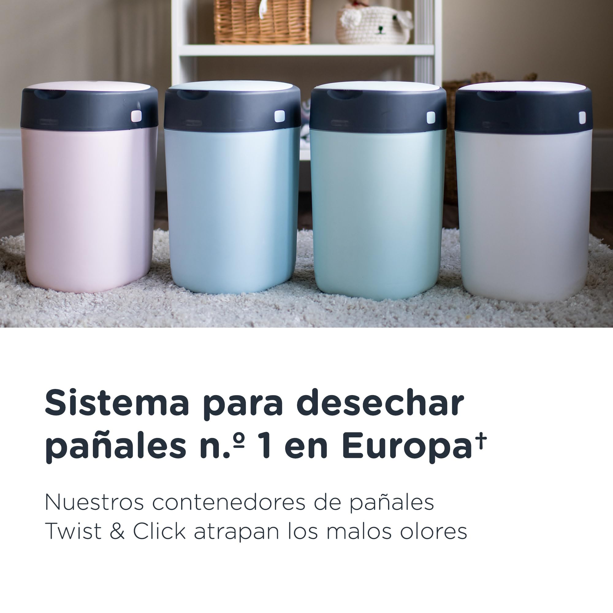 Tommee Tippee Contenedor para pañales Twist & Click, sistema más ecológico, incluye un recambio con lámina antibacteriana GREENFILM de fuentes sostenibles, Blanco