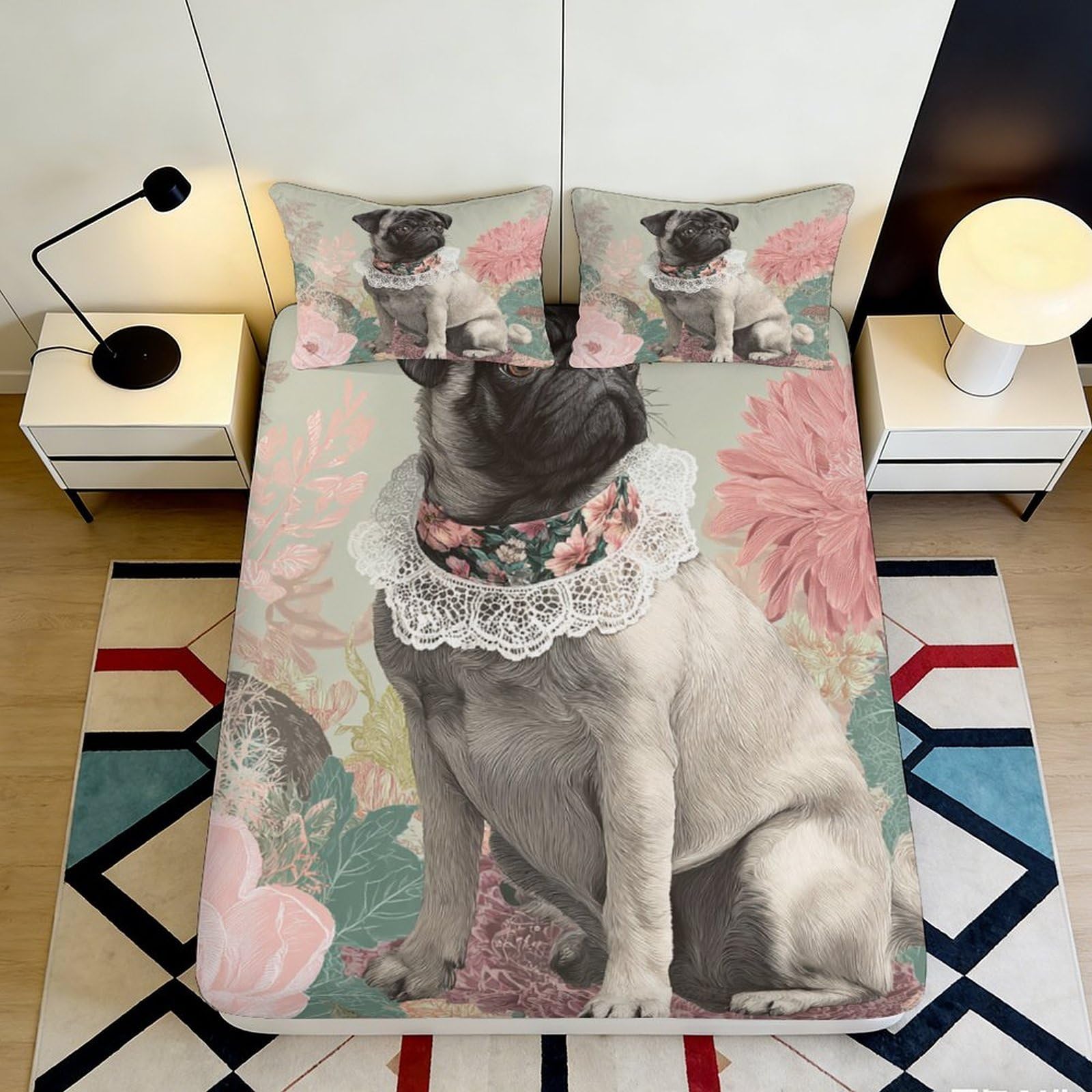3D Printed Pug Flower Fitted Sheet Microfiber Soft Bedroom Decor, Floral Dog Mattress Cover for Home Dorm 160x200x25cm