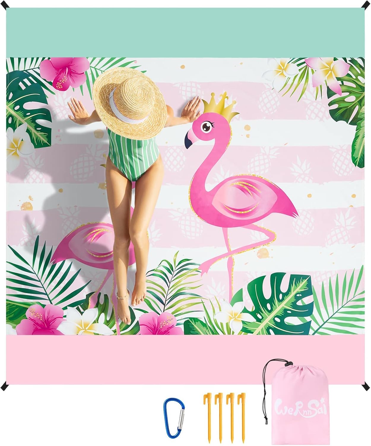 WERNNSAI Flamingo Beach Blanket - Large Picnic Mat 83’’ x 79’’/ 6.5Ft x 7 Ft for 1-4 Adults Pink Sandproof Waterproof Beach Picnic Mat Quick Drying Sand Free Picnic Blanket for Picnic Travel Vacation