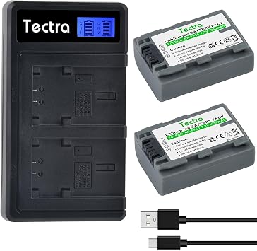 Tectra 2-Pack NP-FP50 Battery + LCD Dual Charger for Sony NP-FP30 NP-FP60 NP-FP70 DCR-DVD103 DCR-DVD105 DCR-DVD203 DCR-DVD205 DCR-DVD305 DCR-DVD92 DCR-HC20 DCR-HC21 HandyCams