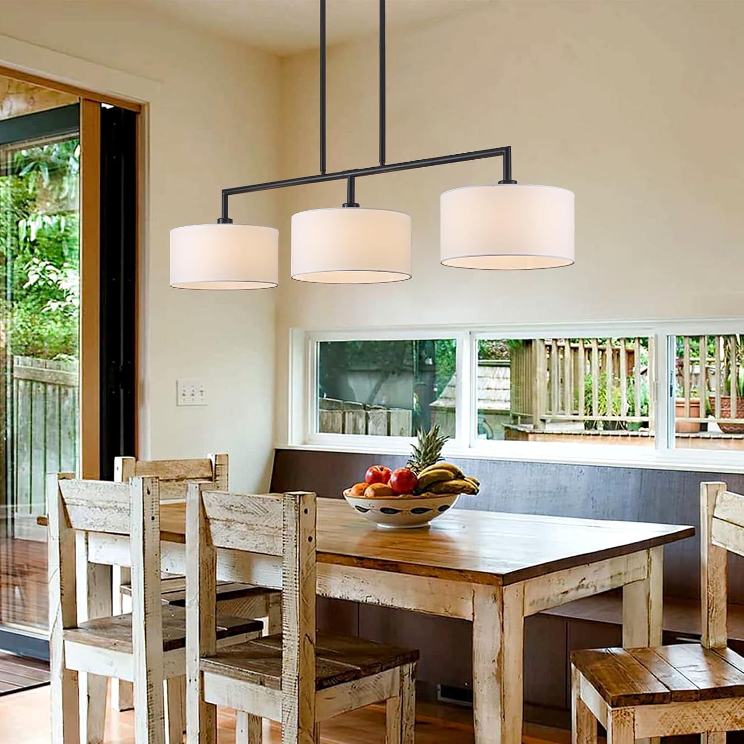 47 W Modern Linear Kitchen Island Pendant Light Fixture 3-Light White Linen Drum Shade Chandelier Black Metal Linear Chandeliers for Dining Room Farmhouse Hanging Light for Living Room, Bar, E26