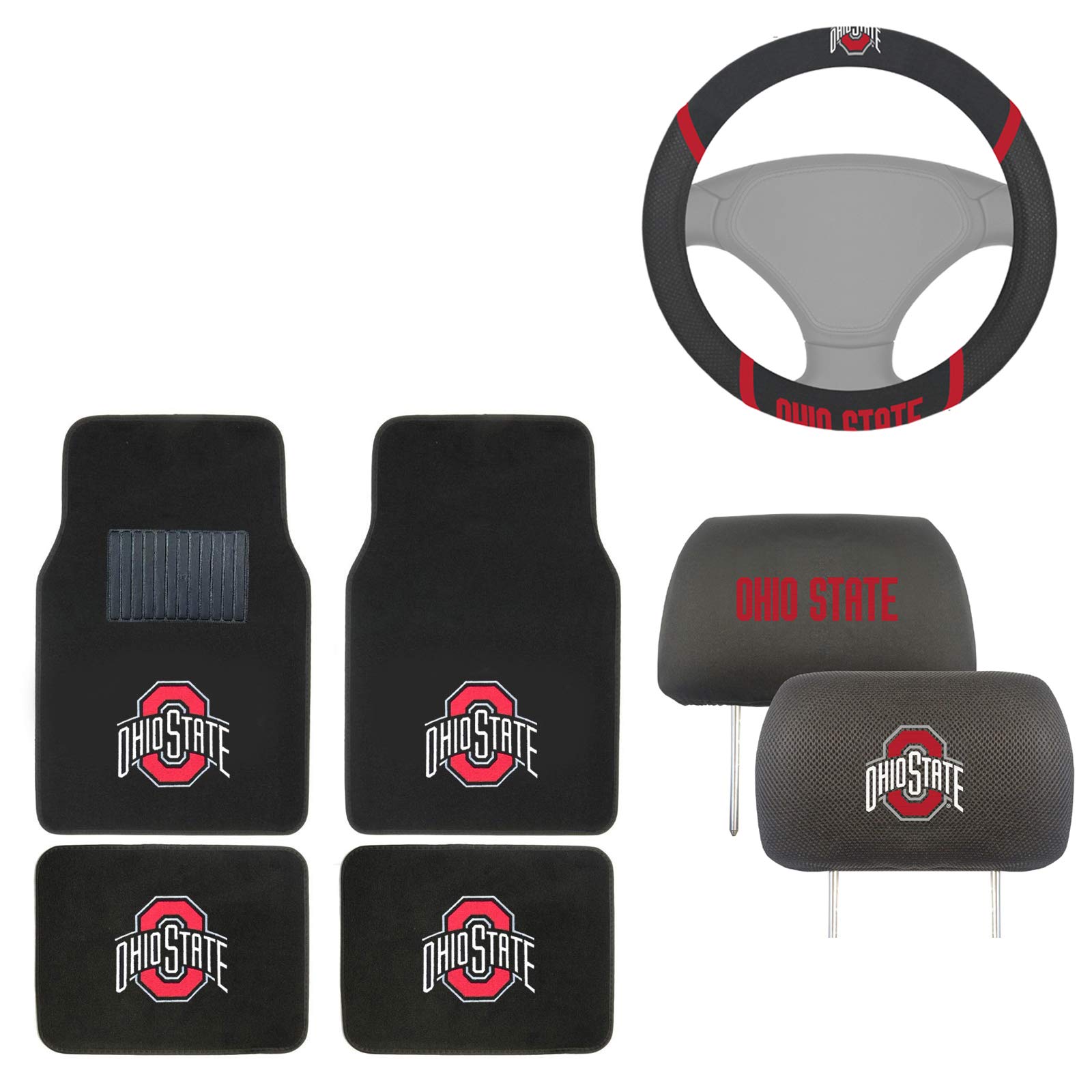 AAC FANMATS NCAA Carpet Floor Mats Bundle with Head Rests and Steering Wheel Cover for Ohio State Buckeyes Fans Officially Licensed(7 Items)
