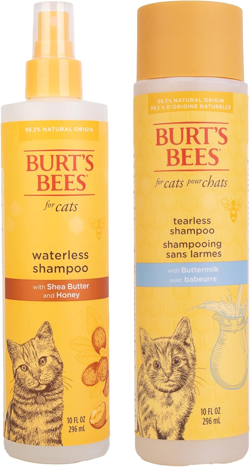 Burt’s Bees for Pets Cat Grooming Bundle: Waterless Bathing Spray for Felines with Shea Butter and Honey, Naturally Derived Ingredients, 10oz Plus Tearless Shampoo for Cats, 10oz