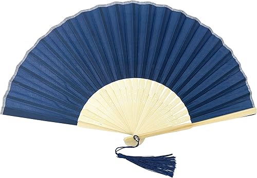 Miniatura 70 de FANSOF.FANS Abanico de mano plegable de mano de tela con borla de grado A, varillas de bambú para mujeres y niñas, fiesta de verano, eventos, Azul