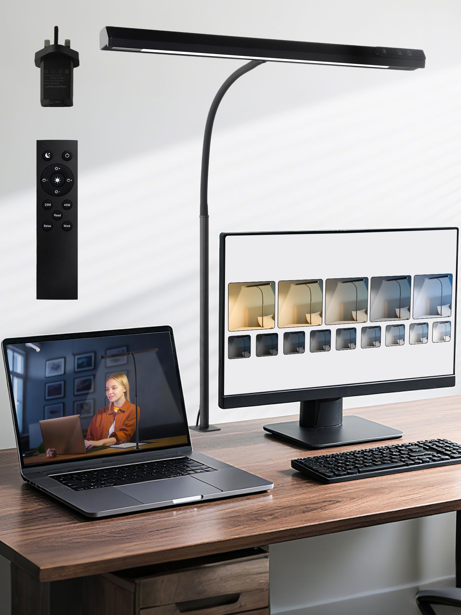 ReinHoo Desk Light,5 Color+9 Brightness LED Desk Lamp with Clamp,Touch & Remote Control,1000 Lumen Bright Monitor Light Bar with Timer,12W USB Adapter Desk Lamps for Home Office Study