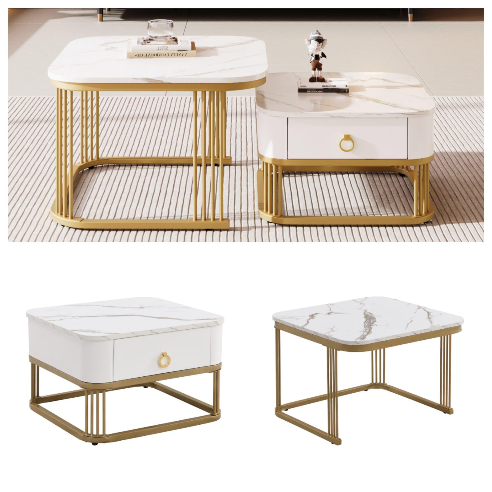 KOMHTOM Witte set van 2 salontafel met opbergruimte, moderne vierkante koffietafel, bijzettafel met laden voor woonkamer, slaapkamer, balkon (wit goud