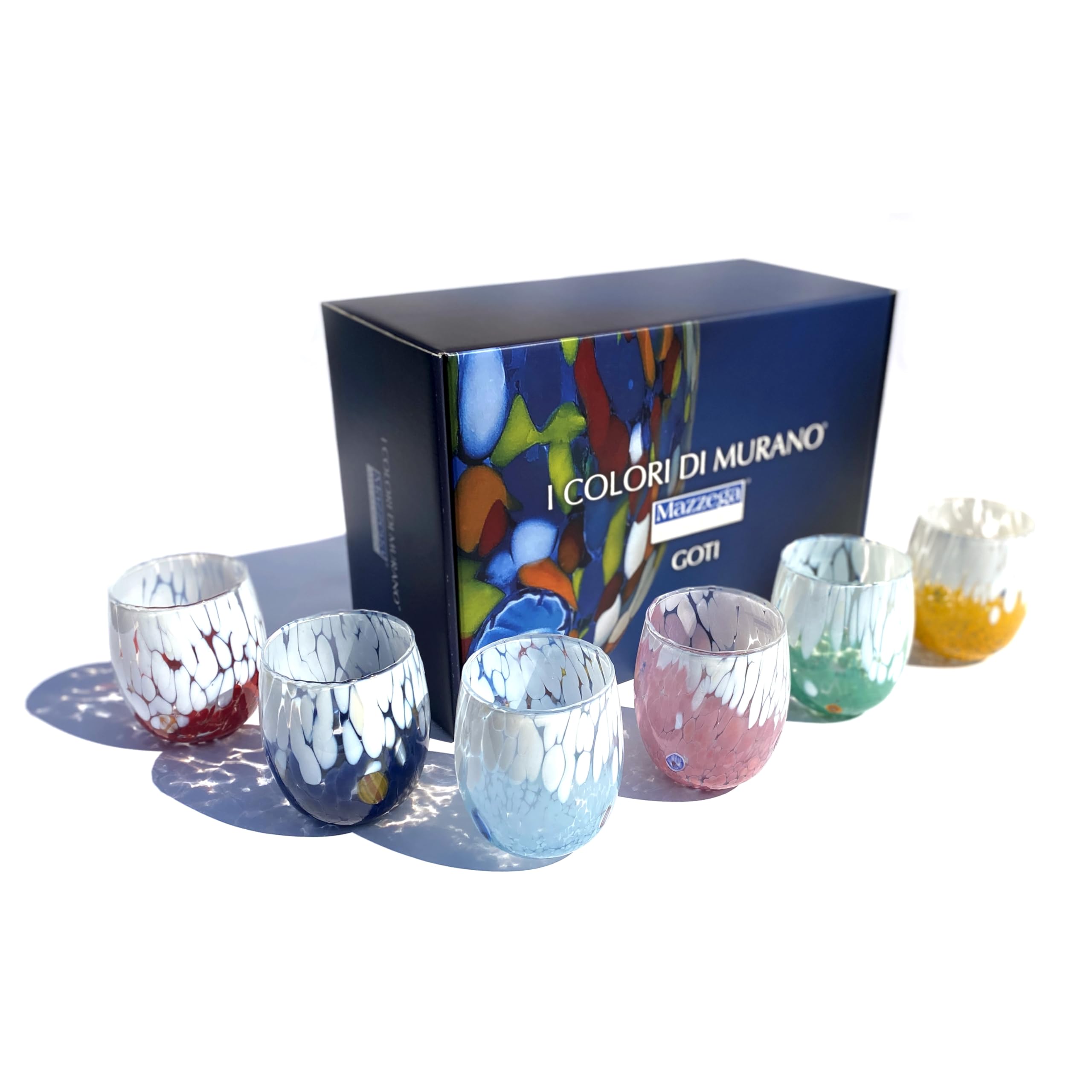 MAZZEGA ART & DESIGN - 6 Bicchieri Acqua Big Bicolor in Vetro Soffiati e Lavorati a Mano con Murrine di Murano, linea “I Colori di Murano” 435 ml. Made in Italy (MIX-SR, 6)